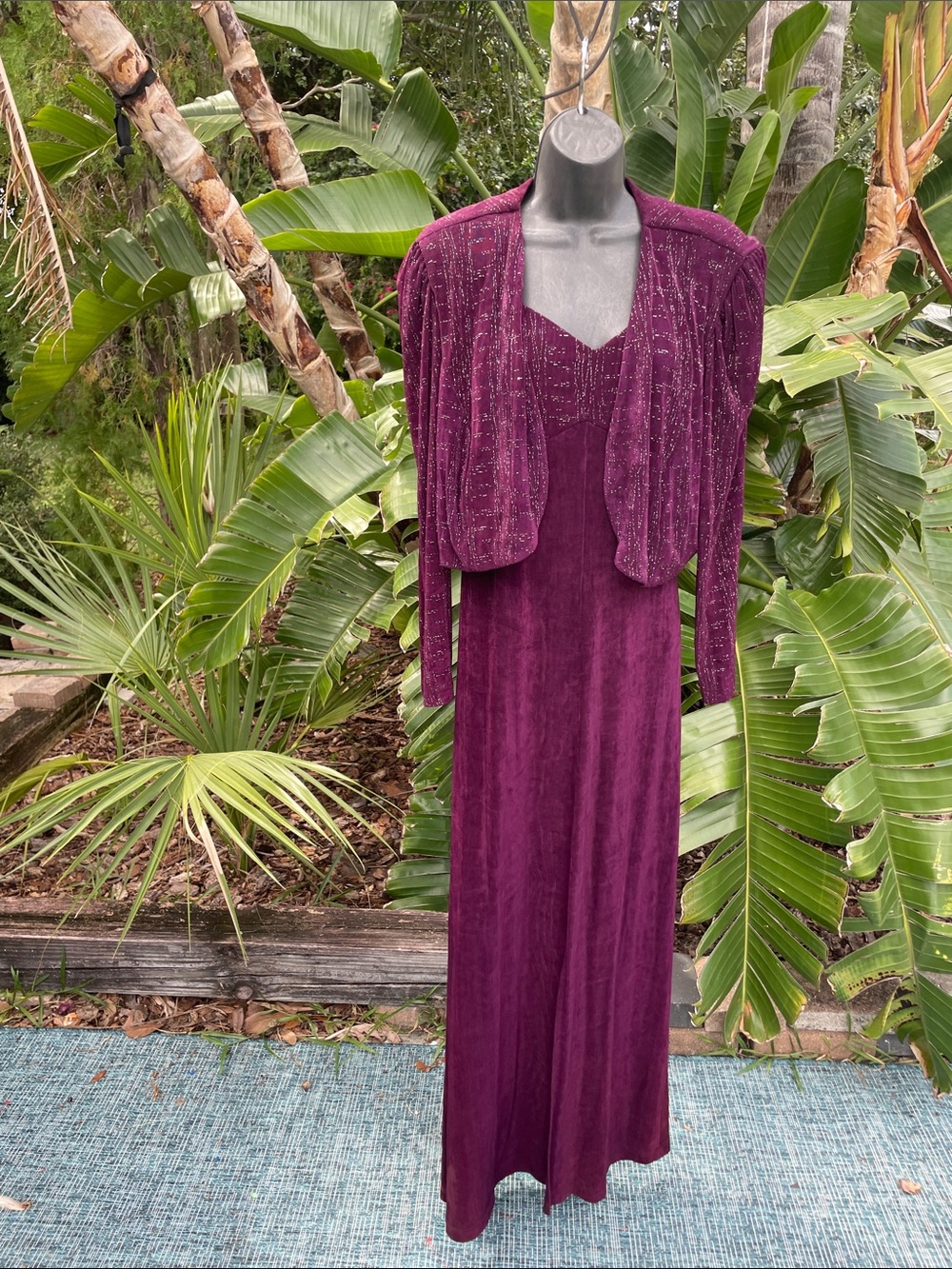 purple and silver slipped dress, maxi and matching cropped jacket